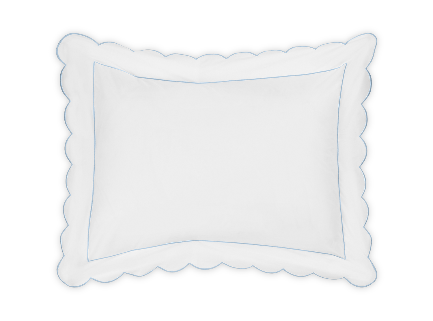 Matouk’s Butterfield Bedding Collection, Blue, features a white rectangular pillow with scalloped edges and a subtle blue border, crafted from 500 thread count Egyptian cotton percale and photographed on a plain background.