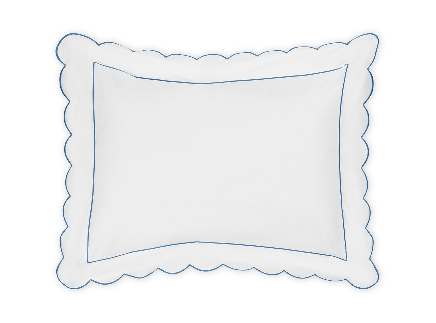 The Matouk Butterfield Bedding Collection features a white rectangular pillow with scalloped edges and a delicate blue border, displayed against a plain white background—an ideal accent for Egyptian cotton sheets or other premium percale sheeting, enhanced by its refined scallop detail.