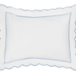 The Butterfield Bedding Collection, Ocean by Matouk features a white rectangular pillow in Egyptian cotton percale with scalloped edges and a slim blue border, shown against a plain background.