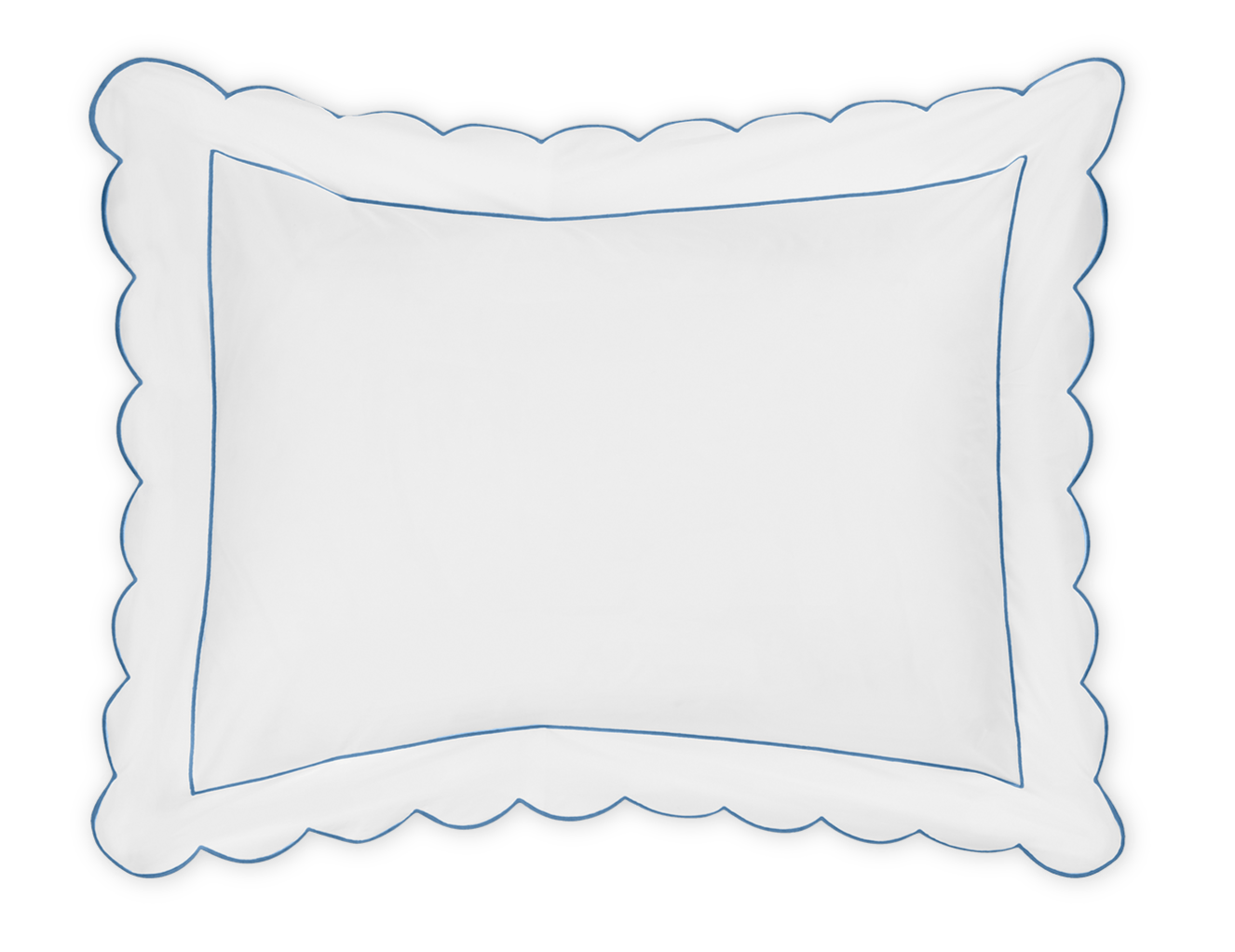 The Butterfield Bedding Collection, Ocean by Matouk features a white rectangular pillow in Egyptian cotton percale with scalloped edges and a slim blue border, shown against a plain background.