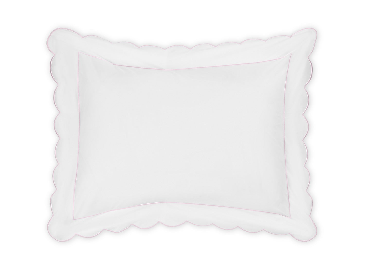 A white rectangular pillow from the Matouk Butterfield Bedding Collection, featuring scalloped edges and a subtle pink outline reminiscent of fine Egyptian cotton sheets, photographed against a plain white background.