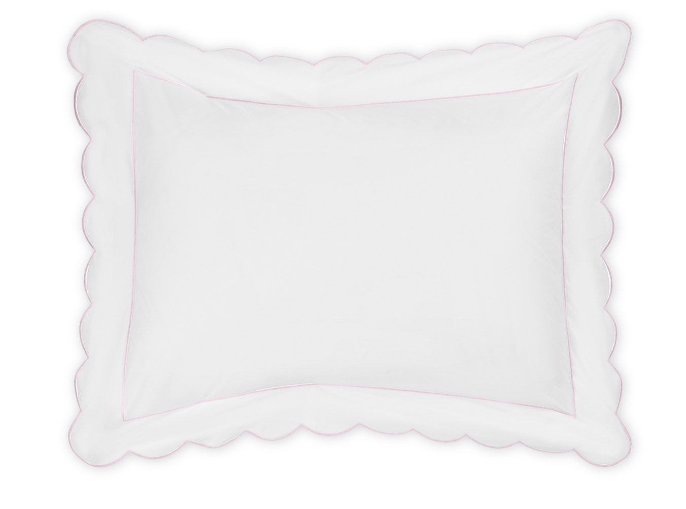 The Butterfield Bedding Collection, Pink by Matouk features a square white Egyptian cotton percale pillow (500 thread count) with scallop detail and a faint pink border, displayed against a black background.