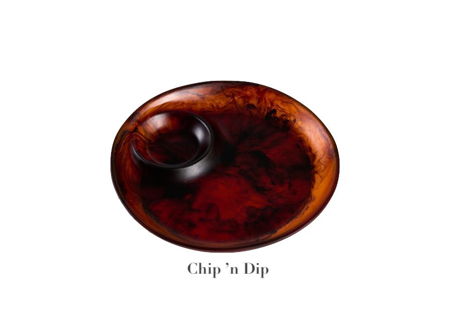 A round, brown marbled chip and dip platter from Nashi Home’s Tortoise Resin Serveware Collection, shatter resistant with a built-in dip section—ideal for stylish home decor. Pictured on white background with “Chip ’n Dip” label.