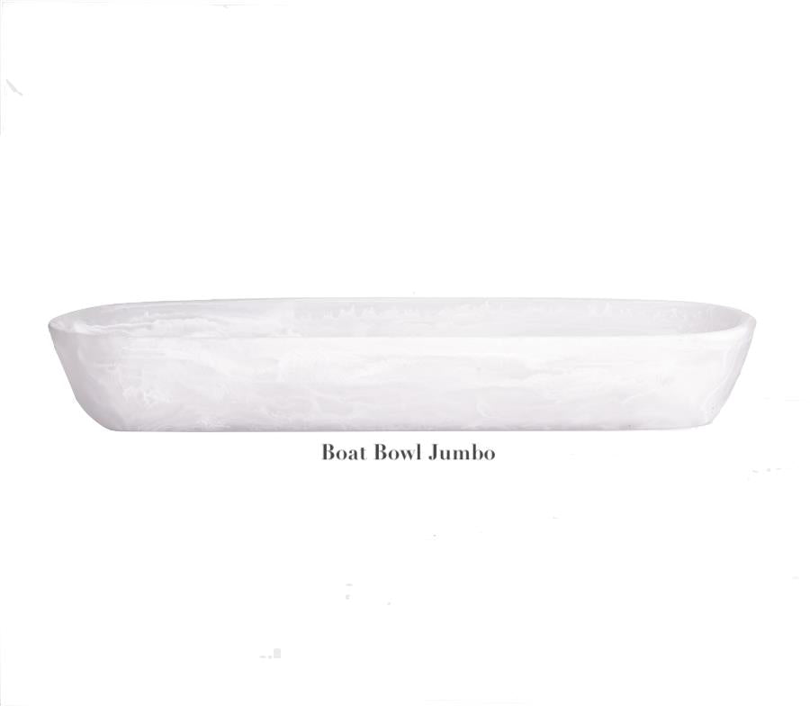 A large, white, oval-shaped bowl from the Nashi Home White Resin Serveware Collection sits on a white background—an elegant "Boat Bowl Jumbo" perfect for serving and home decor.