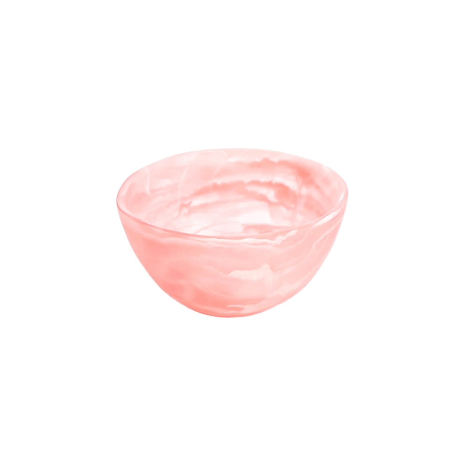 The Pink Swirl Collection by Nashi Home features a small, round, light pink marbled ceramic bowl—ideal for entertaining or enhancing your decor. Shown on a white background.