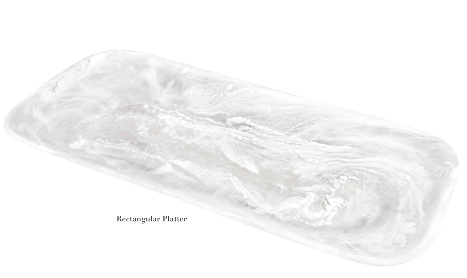 A clear rectangular platter with rounded corners and marbled texture from Nashi Home's White Resin Serveware Collection—an elegant serving piece for your home.