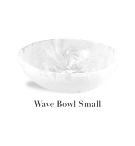 A small, round, white marbled bowl from the White Resin Serveware Collection by Nashi Home sits above the text "Wave Bowl Small" on a plain background.