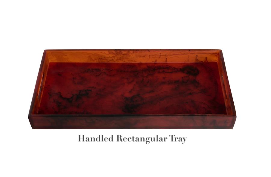 A rectangular, marbled reddish-brown tray from the Tortoise Resin Serveware Collection by Nashi Home, made of shatter-resistant resin with raised edges—a stylish decor accent for your home. Shown on a white background.