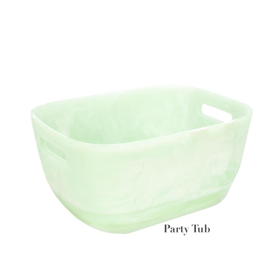The Mint Resin Serveware Collection by Nashi Home features a light green, rectangular plastic tub with side handles made from shatter-resistant resin—ideal for stylish entertaining and home decor.