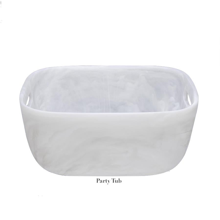 A white, rectangular tub from the Nashi Home White Resin Serveware Collection features rounded corners, handles on both sides, and "Party Tub" printed below—making it a stylish, versatile decor piece.