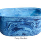 A rectangular, blue marbled Denim Resin Serveware Collection party bucket by Nashi Home rests on a white background, labeled "Party Bucket"—an eye-catching, shatter-resistant accent for your home.