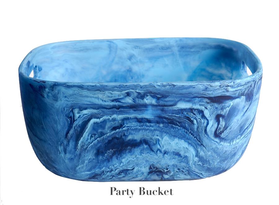 A rectangular, blue marbled Denim Resin Serveware Collection party bucket by Nashi Home rests on a white background, labeled "Party Bucket"—an eye-catching, shatter-resistant accent for your home.