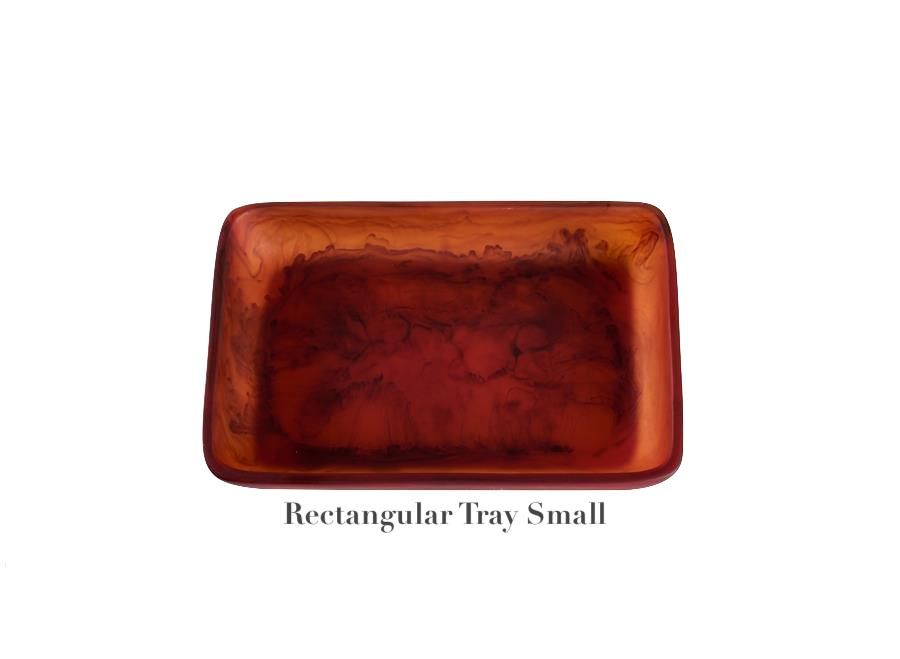 A small rectangular tray from Nashi Home’s Tortoise Resin Serveware Collection features a marbled reddish-brown pattern and shatter-resistant resin—ideal for stylish home decor. Labeled "Rectangular Tray Small" below the tray.