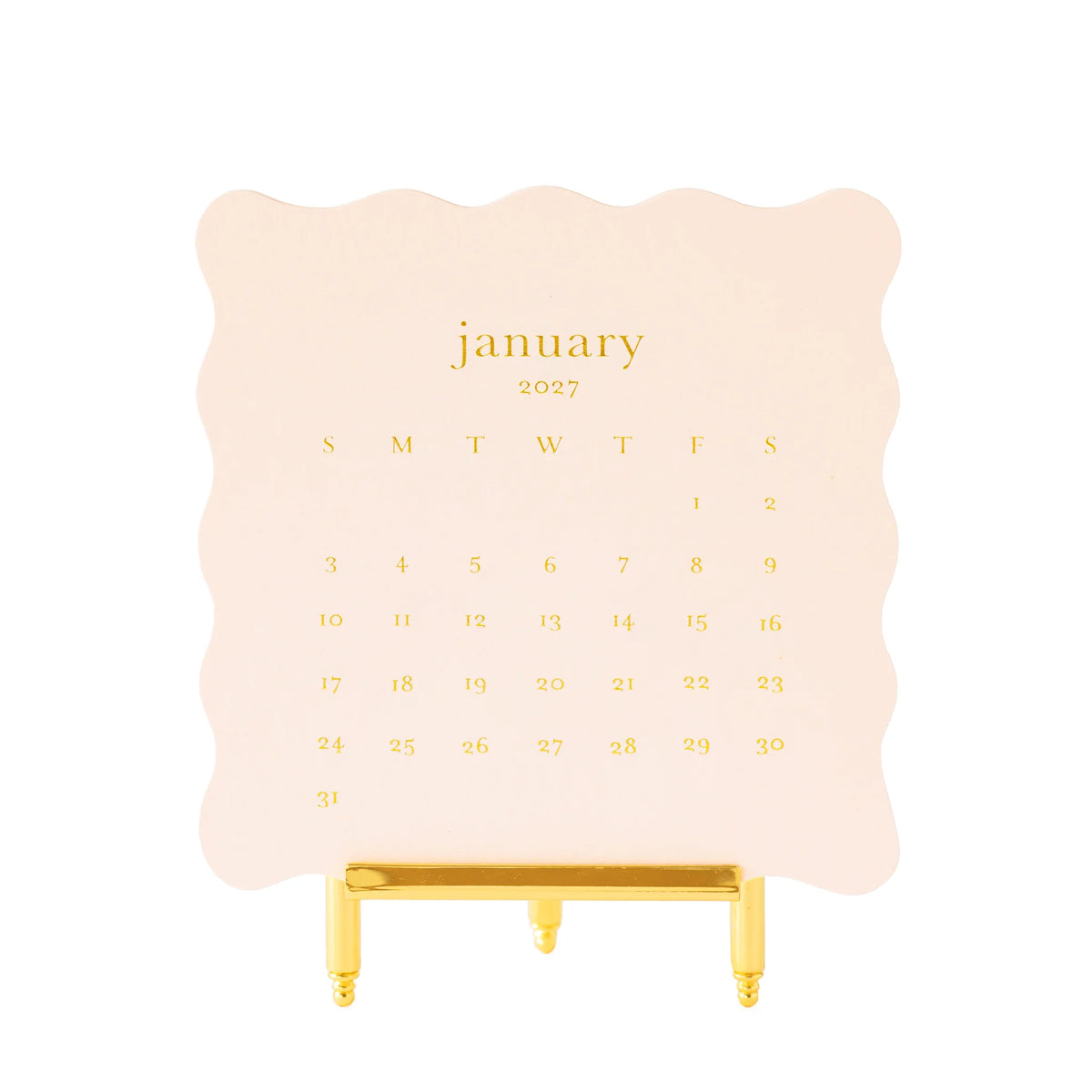 Sugar Paper 2027 Desk Calendar letterpress printed on a gold easel stand with a scalloped edge.