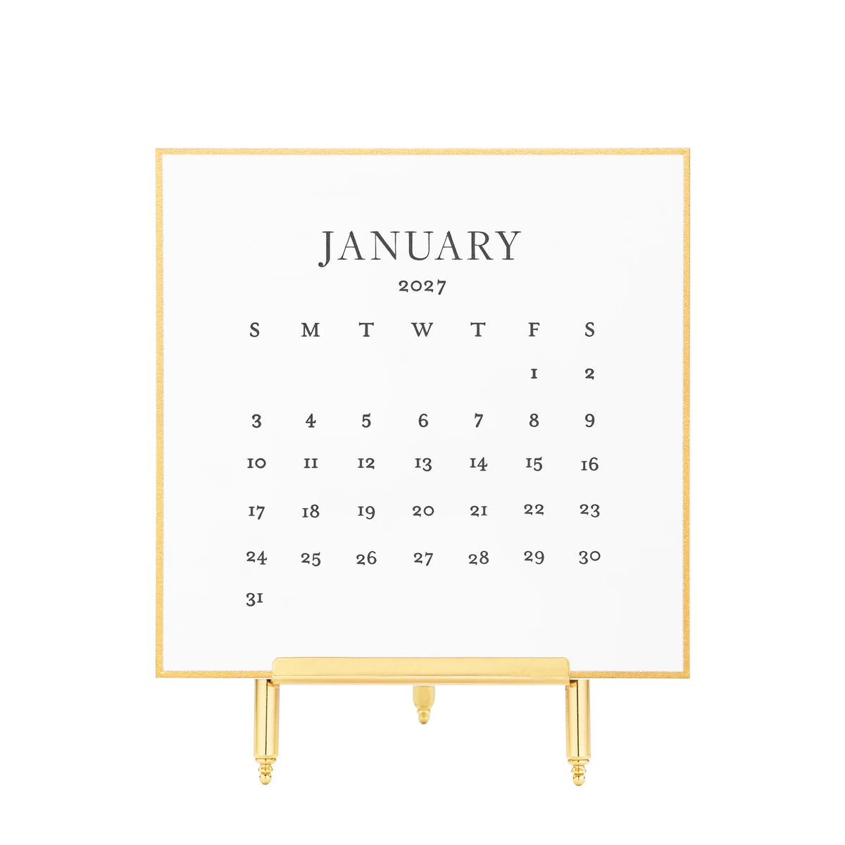 Sugar Paper 2027 Desk Calendar page, letterpress printed on extra thick card stock and displayed on a gold easel stand.