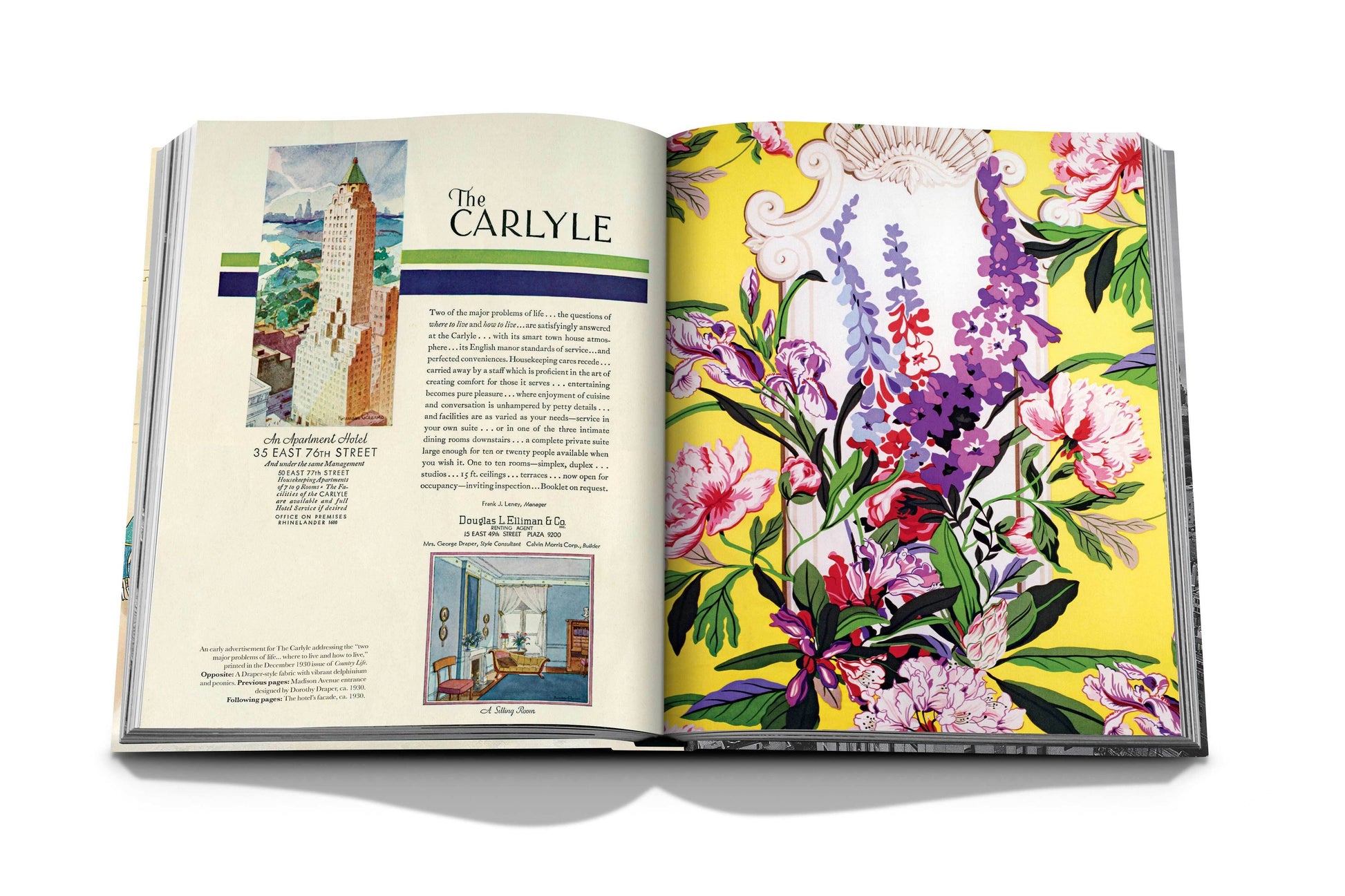 An open book showing two pages. The left page features text and images about "The Carlyle" by Assouline, highlighting the allure of New York City's iconic hotel. The right page displays an illustration of vibrant flowers set against a yellow background, capturing the essence of luxury associated with this renowned destination.