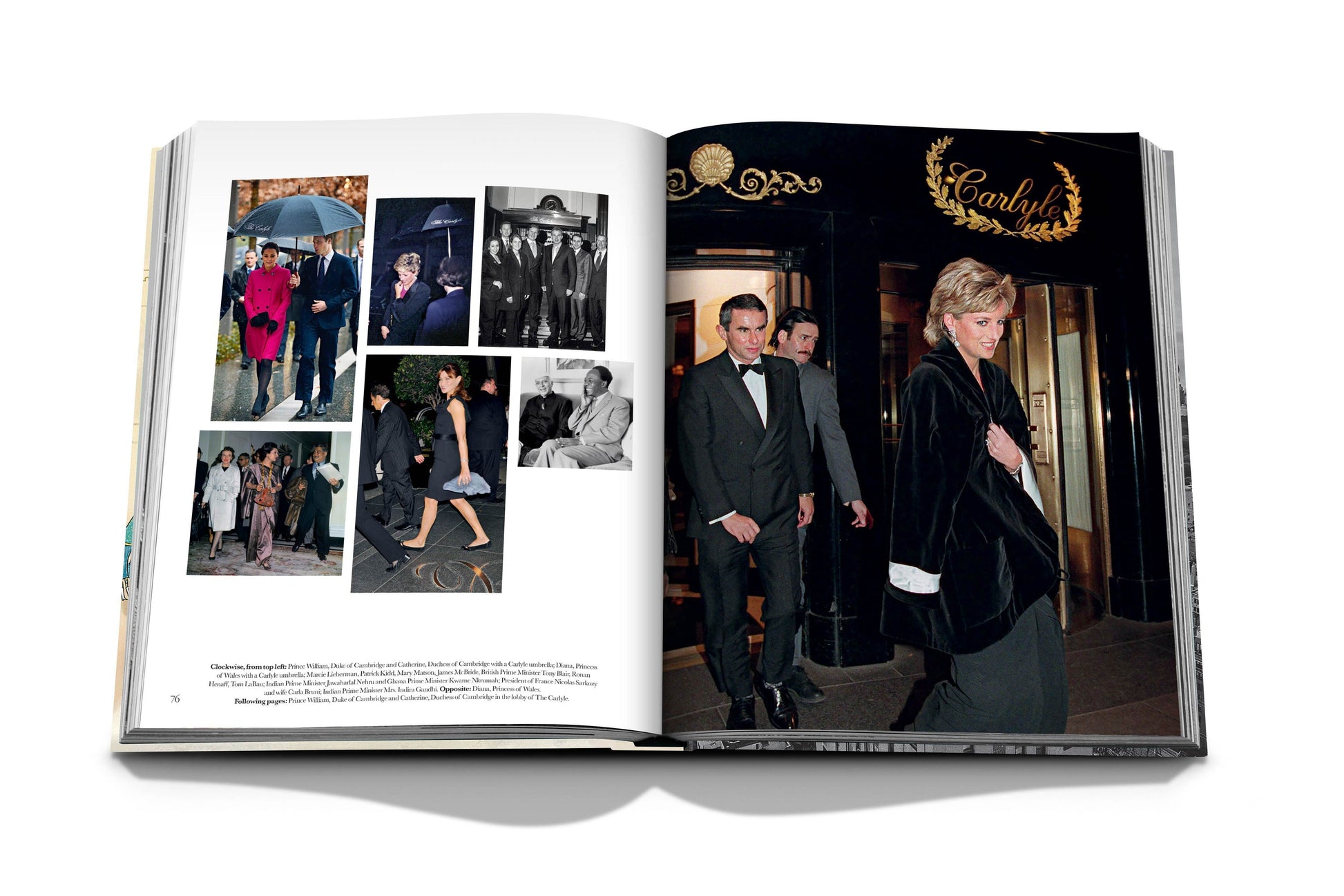Open book featuring various photographs. The main image on the right page shows a formally dressed woman exiting a building with "The Carlyle Hotel" signage. Smaller images on the left page depict different events, capturing the essence of luxury in New York City. Product: The Carlyle by Assouline