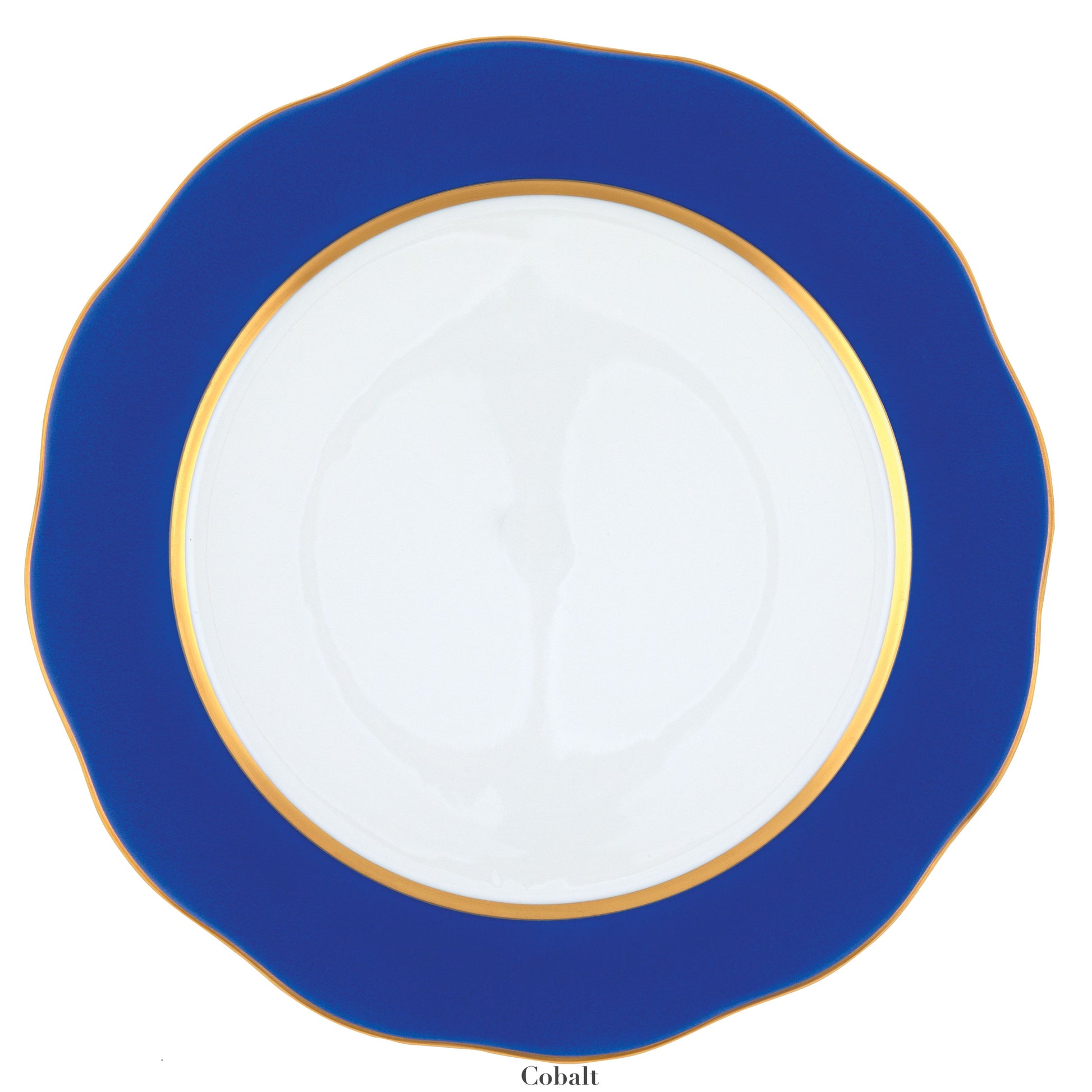 The Herend Silk Ribbons Charger is a round handmade porcelain plate, white with a cobalt blue scalloped rim and gold trim, shown from above.