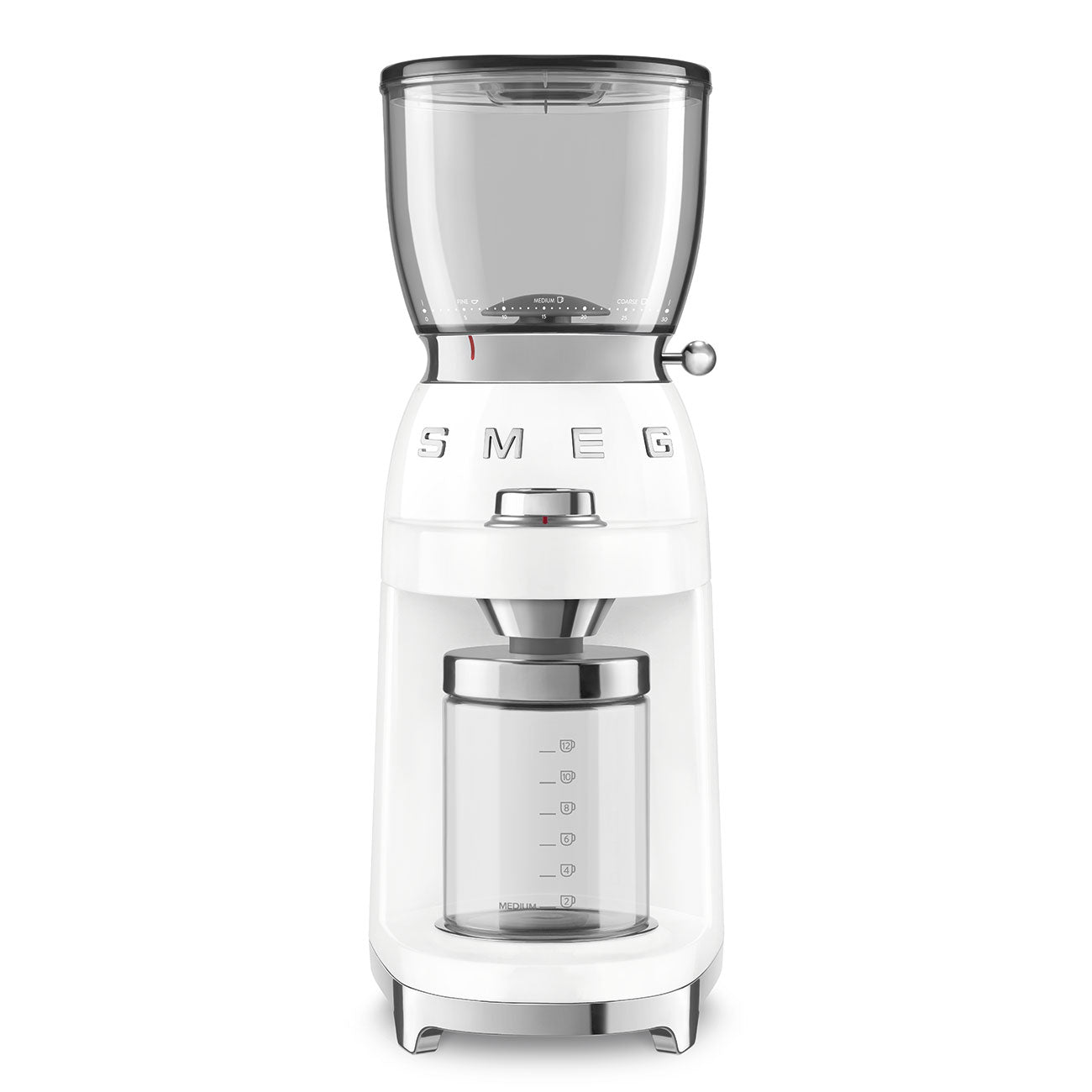 The SMEG Coffee Grinder Collection by Smeg features premium grinding with a clear bean hopper and grind container, showcasing a retro design and labeled settings for the perfect grind every time.