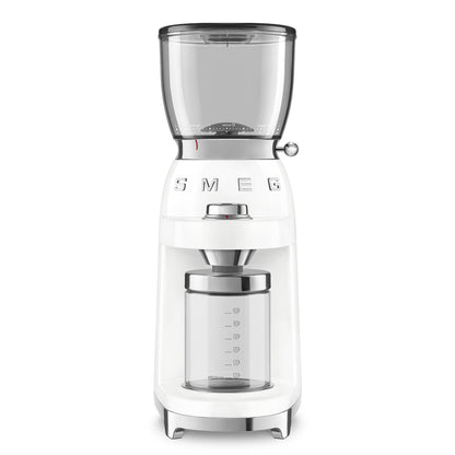 The SMEG Coffee Grinder Collection by Smeg features premium grinding with a clear bean hopper and grind container, showcasing a retro design and labeled settings for the perfect grind every time.