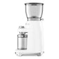 The SMEG Coffee Grinder Collection by Smeg is a white electric grinder featuring a clear bean hopper and a coffee grounds container, ensuring high-quality grinding for the perfect grind every time.