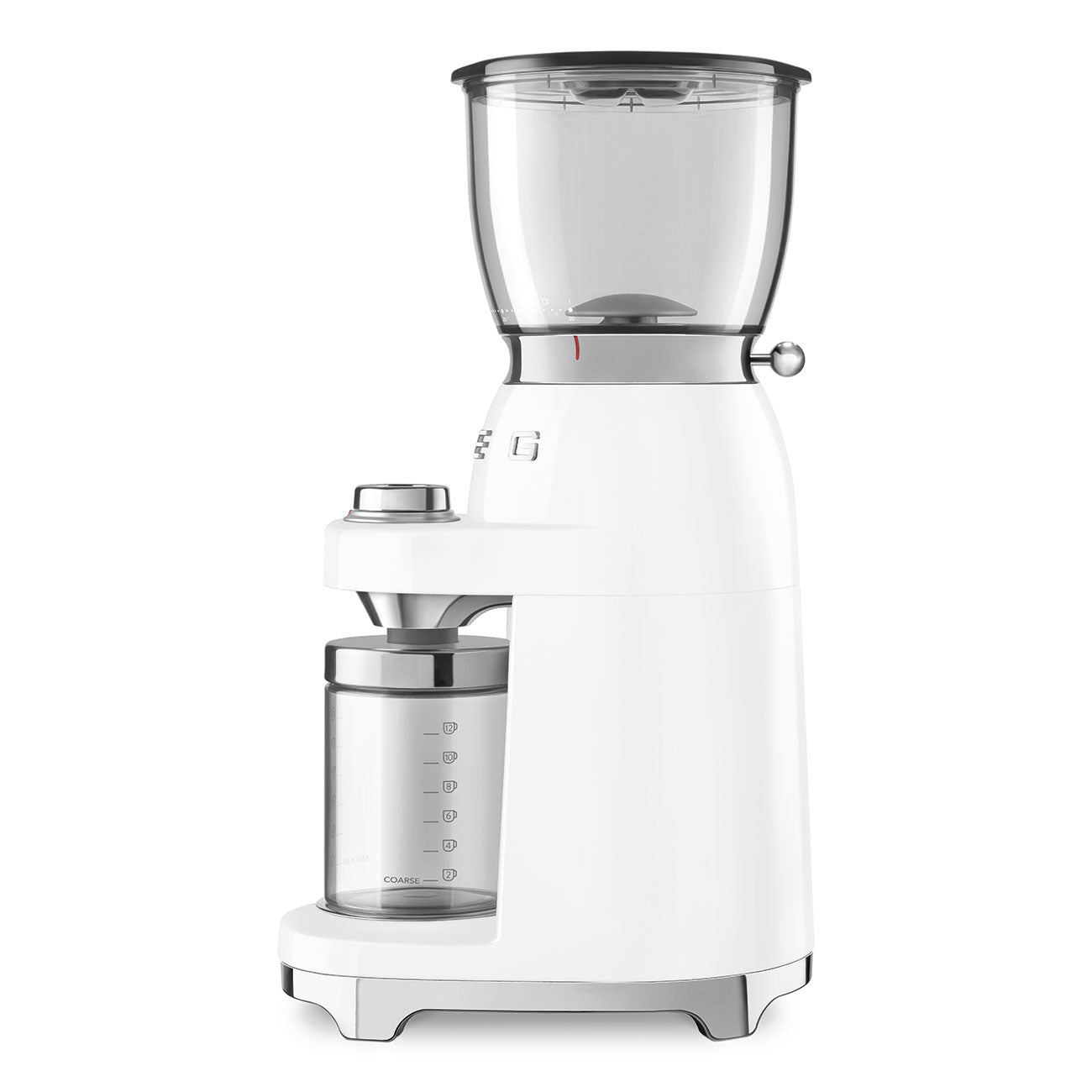 The SMEG Coffee Grinder Collection by Smeg is a white electric grinder featuring a clear bean hopper and a coffee grounds container, ensuring high-quality grinding for the perfect grind every time.