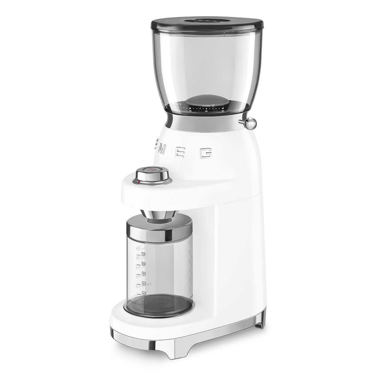 The SMEG Coffee Grinder Collection by Smeg offers high-quality grinding with a transparent hopper and container, featuring a dial for precise grind size adjustments.