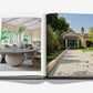 Open book from Assouline's "Relaxed Luxury": left page shows a Chad Dorsey dining area with a stone table and arched windows; right page features a landscaped garden, bocce court, and stone house.