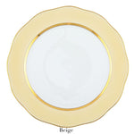 The Herend Silk Ribbons Charger features a round plate with a white center, scalloped beige border, and gold rim—perfect for an elegant tabletop setting. "Beige" appears beneath the plate.