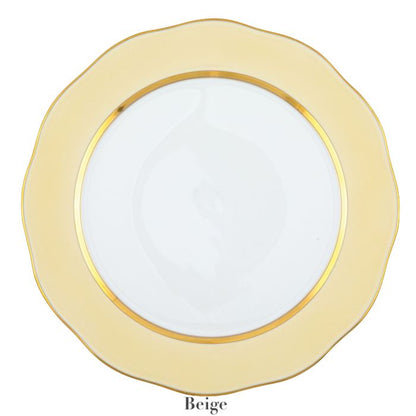 The Herend Silk Ribbons Charger features a round plate with a white center, scalloped beige border, and gold rim—perfect for an elegant tabletop setting. "Beige" appears beneath the plate.