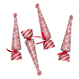 Four Caspari Peppermint Crackers with red and white festive designs and ribbons, arranged on a white background, make perfect party favors filled with holiday surprises.