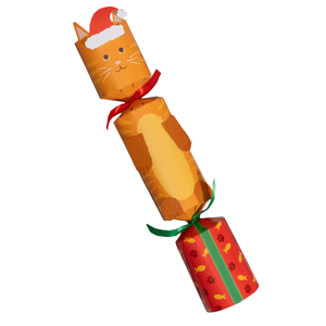The Caspari Santa Hat Cat Cracker is a 12-inch Christmas cracker styled like a cat, featuring an orange cartoon face, whiskers, red bow, Santa hat, and fish and paw prints accents, made from quality Caspari paper for festive cheer.
