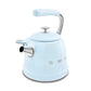 The SMEG Whistling Kettle Collection, light blue in color, features a large capacity, ergonomic handle, spout, and Smeg logo. It's designed for versatile use with induction compatibility.
