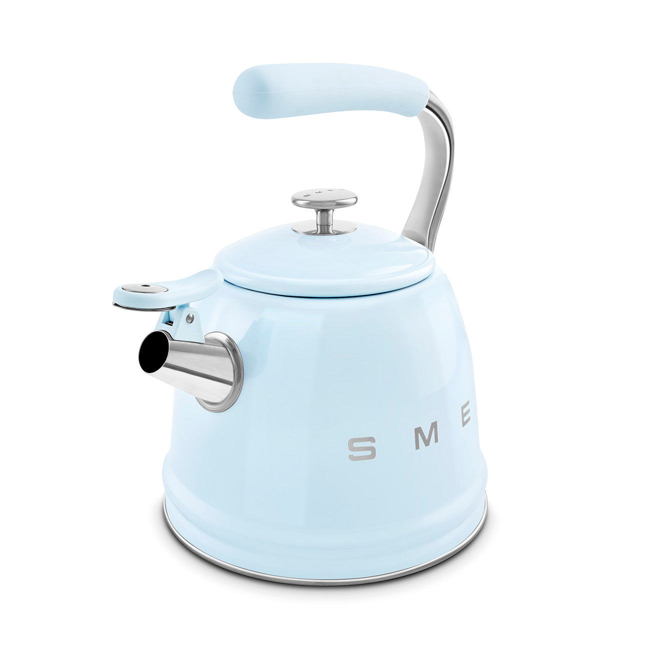 The SMEG Whistling Kettle Collection, light blue in color, features a large capacity, ergonomic handle, spout, and Smeg logo. It's designed for versatile use with induction compatibility.