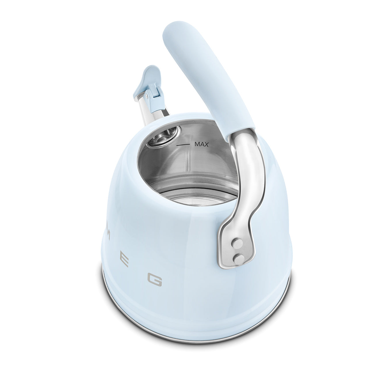 The SMEG Whistling Kettle Collection by Smeg features an induction-compatible, light blue, open-top kettle with a metallic interior and an ergonomic handle for comfort, combining form and function effortlessly when viewed from above.