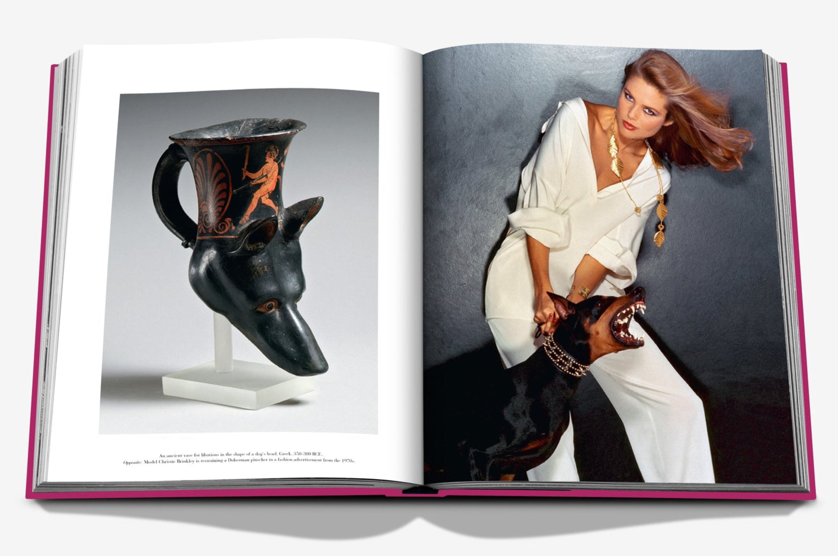 An open book displays an ancient Greek vessel on one page, with a fashion model embodying elegance opposite her, holding a leash from Assouline's "Chic Dogs.