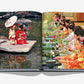Brand Assouline's "Kyoto Serenity" book features a person in a red kimono with a parasol by a tranquil pond on the left, and people in orange kimonos arranging flowers, showcasing Japanese culture, on the right.