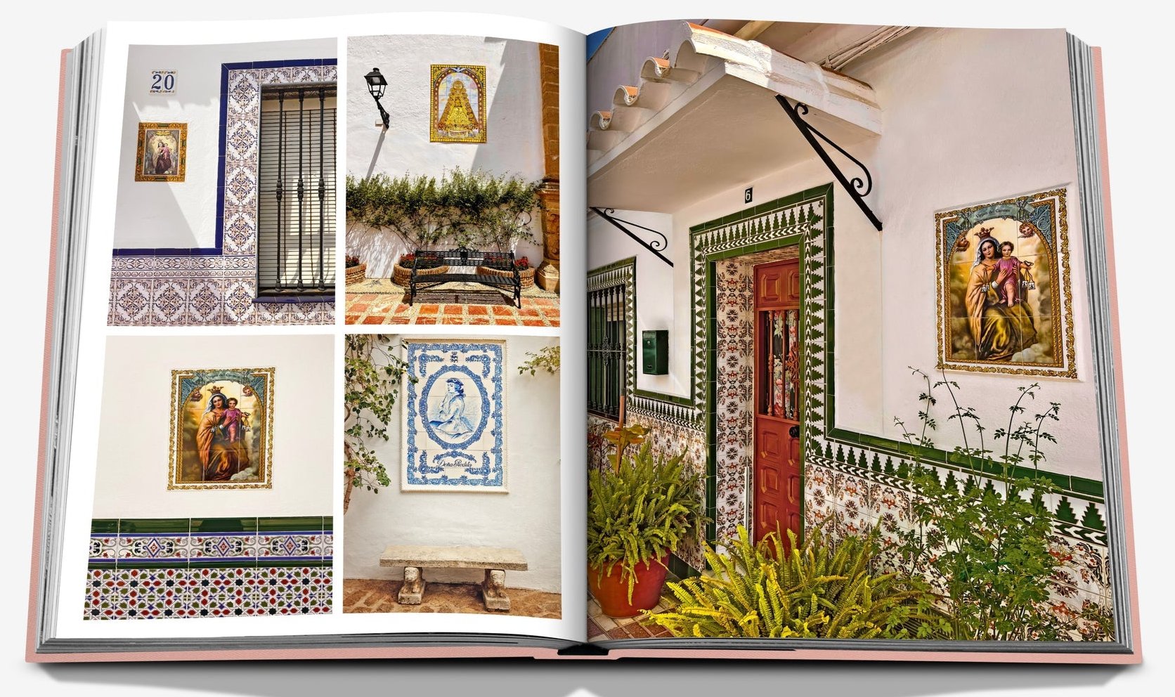 The Marbella Sol book by Assouline showcases images of a Spanish-style courtyard in Marbella, featuring decorative tiles, religious artwork, a red door, and potted plants.