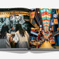 An open book by Assouline showcases two women exploring a vibrant street market, embodying Japanese culture. Among colorful signs and diverse products, the scene contrasts Kyoto Serenity with the lively spirit of Gion Matsuri.