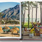 An open copy of Assouline's Marbella Sol displays a beach scene with straw umbrellas on the left and people relaxing by the ocean on the right.