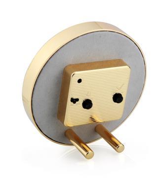 The Addison Ross Round Alarm Clock features a gold and gray design with a round back and two black adjustment dials—ideal for use on your bedside table or next to your alarm clock.