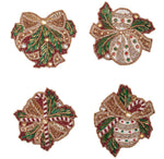 Kim Seybert Candy Cane Bow Coasters featuring four beaded designs with decorative bows, ornaments, candy canes, and evergreen sprigs.