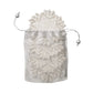 A set of white beaded Winter Lace Coasters inside a sheer silver drawstring pouch.