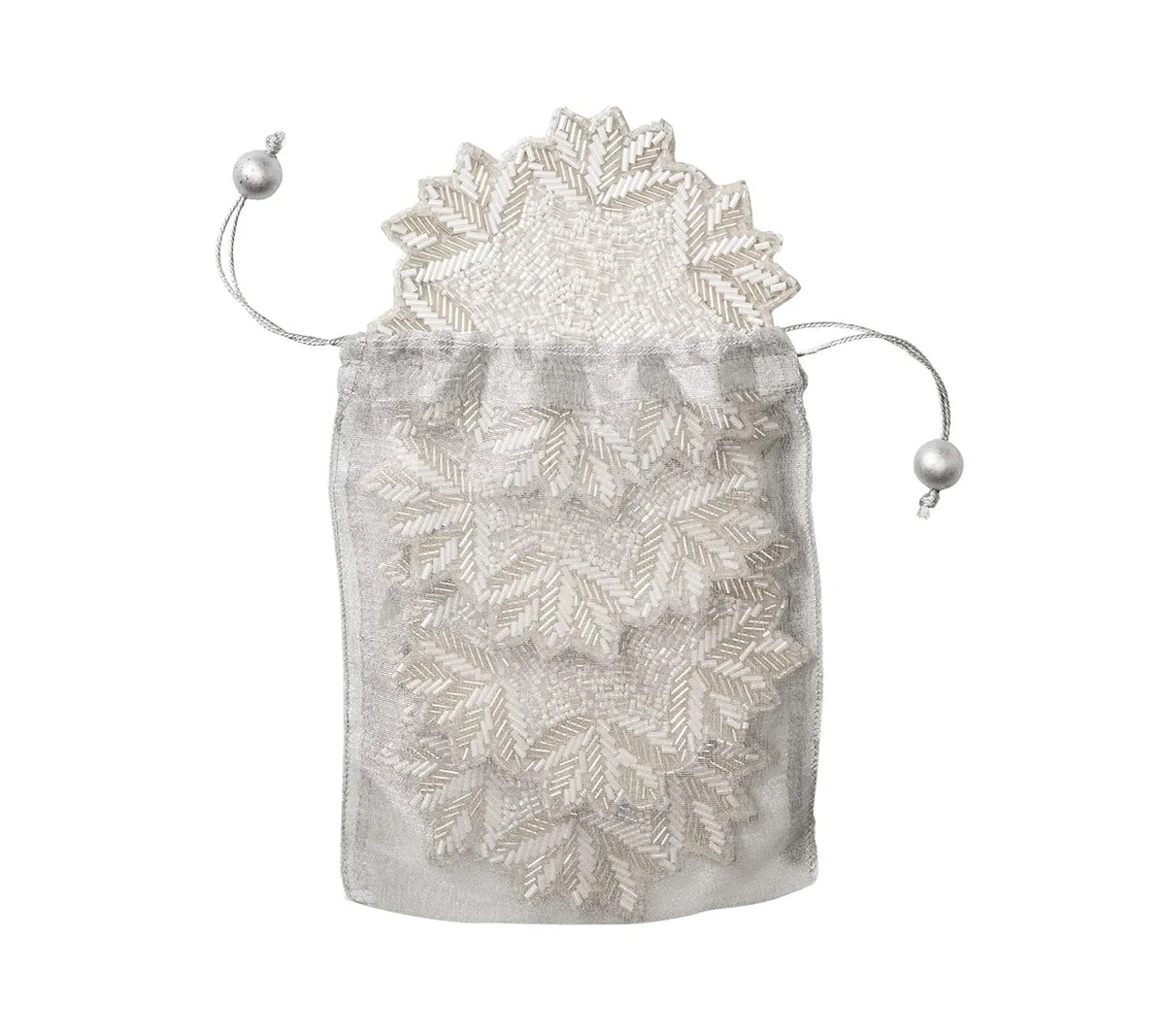 A set of white beaded Winter Lace Coasters inside a sheer silver drawstring pouch.