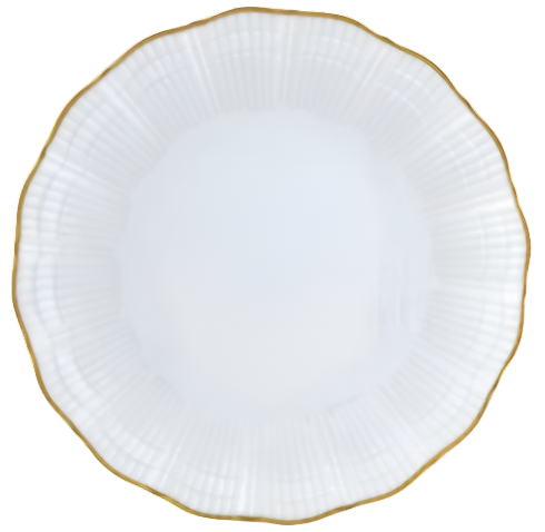 A white, round porcelain plate from the Corail Gold Collection by Medard de Noblat/Devine features a scalloped edge and thin gold rim, photographed from above against a white background.