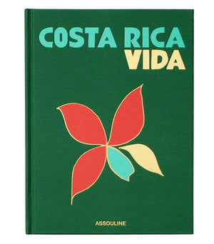 Green book cover titled “Costa Rica Vida” featuring a stylized flower graphic that embodies the spirit of Pura Vida, with the brand name Assouline displayed at the bottom.