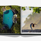 An open book displays a top-view photo of a person in a pool on the left page and a person doing a backbend on a beach near trees on the right, encapsulating the vibrant spirit of Costa Rica as featured in "Costa Rica Vida" by Assouline.