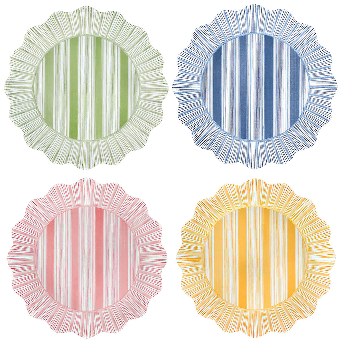 The Juliska Cabana Stripe Melamine Dinnerware Collection features four round shatterproof plates with scalloped edges and vertical stripes in green, blue, pink, and yellow, arranged in a 2x2 grid on a white background.