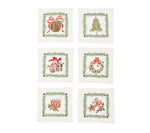 Six white Kim Seybert Christmas Trellis Cocktail Napkins, each with an embroidered holiday design framed by a pine wreath, including an ornament, tree, gifts, wreath, drum, and gingerbread cookies.