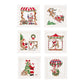 Six white square Kim Seybert Santa Cocktail Napkins, each embroidered with different scenes of Santa Claus including flying a sleigh, decorating a tree, and riding a carousel.